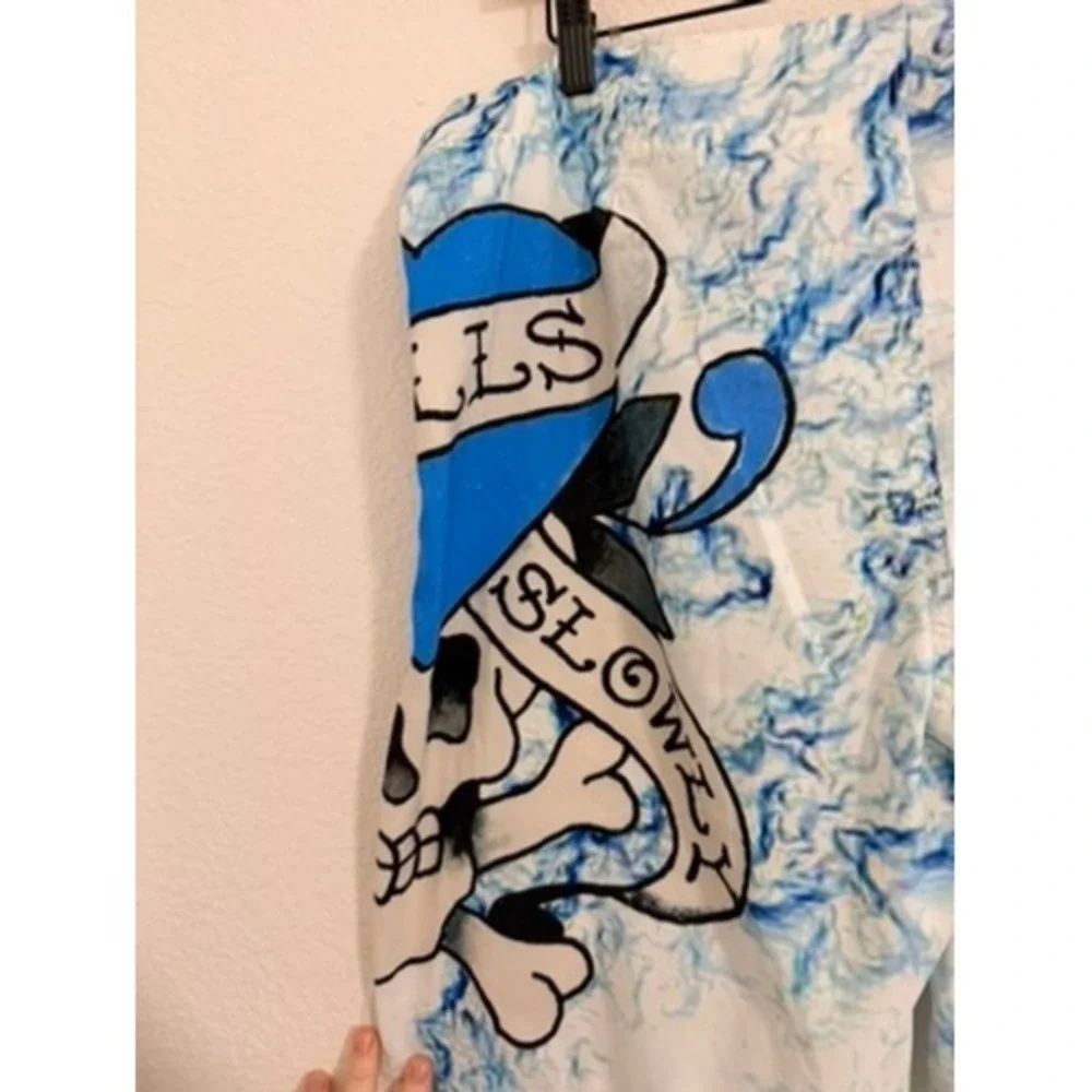 Ed Hardy Mens 36 BlueWhite Marble Love Kills Slowly Skull BoardShorts SwimTrunks